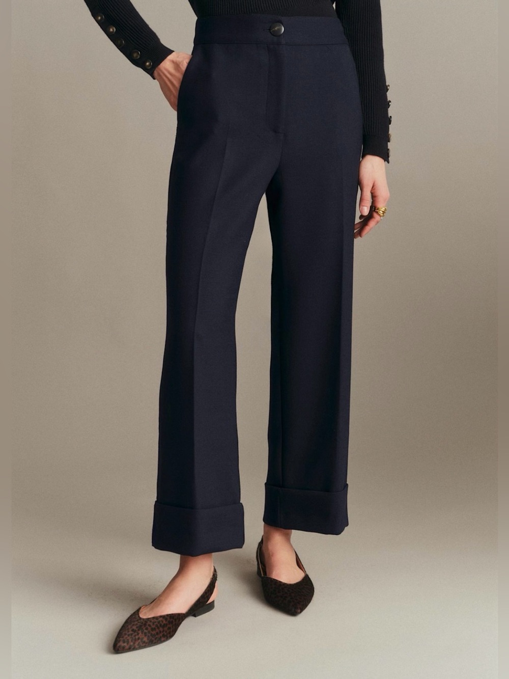 Sezane Damon Navy Blue Wool Blend Ankle Trouser Pants cropped cuff 4